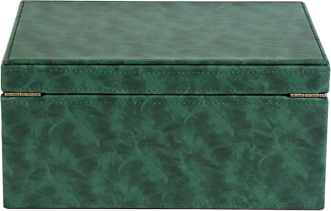 HofferRuffer Faux Leather Decorative Box, Large Wooden Structure Keepsake Box Accessory Organizer Jewelry Organizer with Hinged Lid, Storage Container for Home or Office (Dark Green)