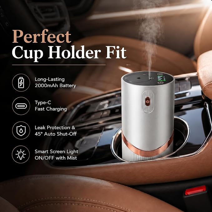 Waterless Essential Oil Diffuser, Mini Scent Air Machine Portable Diffuser for Home Car Office, Battery Operated Aromatherapy Diffuser with 10mL Hotel Scent Fragrance Oil, Timer & 4 Mist Levels, Grey
