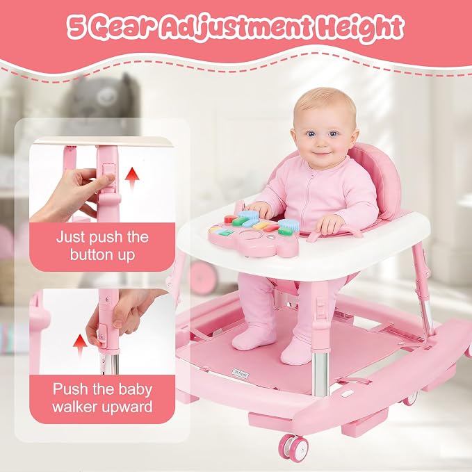 5-in-1 Baby Walker for Boys and Girls Music and Lights 6-18 Month, Foldable Baby Walkers with 5 Adjustable Heights, Infant Toddler Walker with Wheels and Combo Portable（Pink）