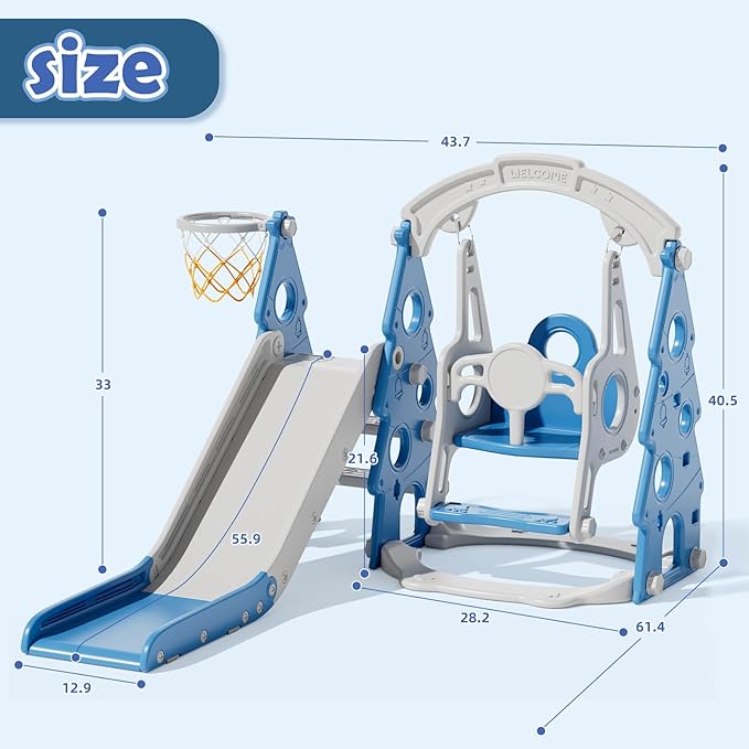 KORIMEFA 4-in-1 Kids Slide and Swing Set, Toddler Slide with Basketball Hoop, Swing, Outdoor Indoor Playground for Toddlers 1-3 Pine Shape Design(4 in 1-Blue)