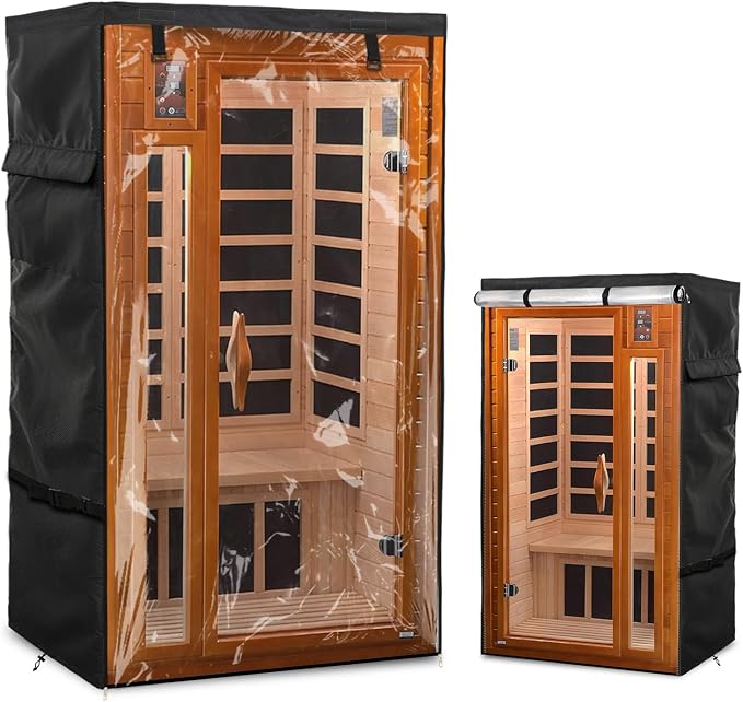 Outdoor Wood Sauna Cover,Sauna Covers with Separate Top Cover for Wood Home Spa Saunas,40" Lx37 Dx73 H with PVC Clear Door Design,Black