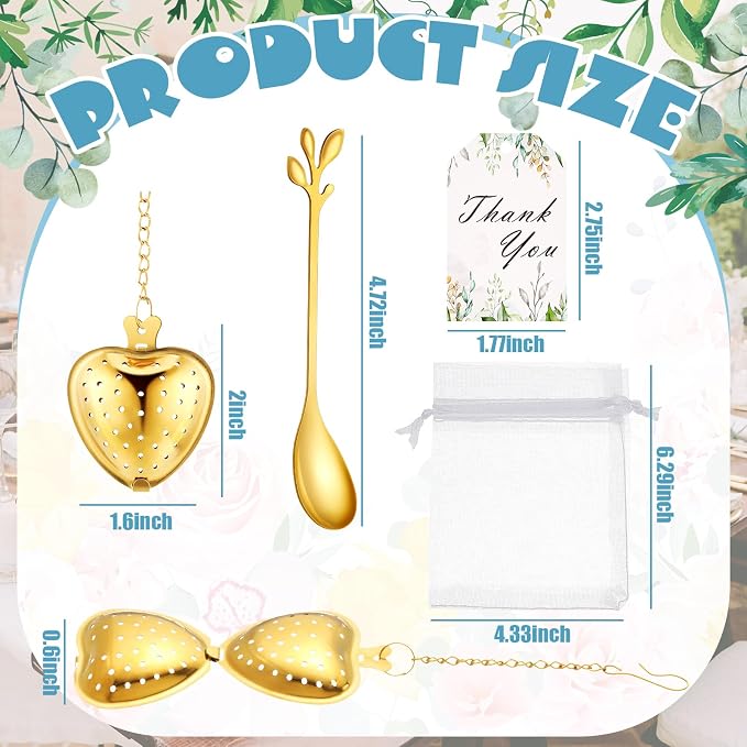 25 Sets Bridal Shower Tea Party Favor for Guest Leaf Tea Spoon Heart Shape Infuser Ball for Loose with Thank You Card Organza Bag Wedding Souvenir Gift(Gold)
