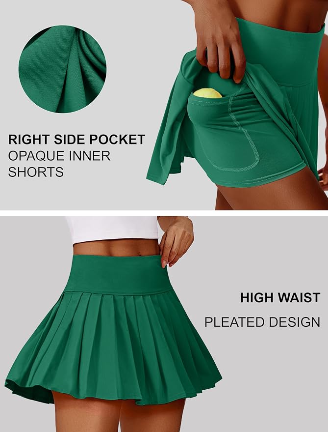 PINSPARK Pleated Tennis Skirts Mini Athletic Golf Skorts with Pocket | 14", High Waist, Lightweight, Quick Dry, Stretchy, Inner Shorts, Sun Protection, Pickleball, Casual, for Women