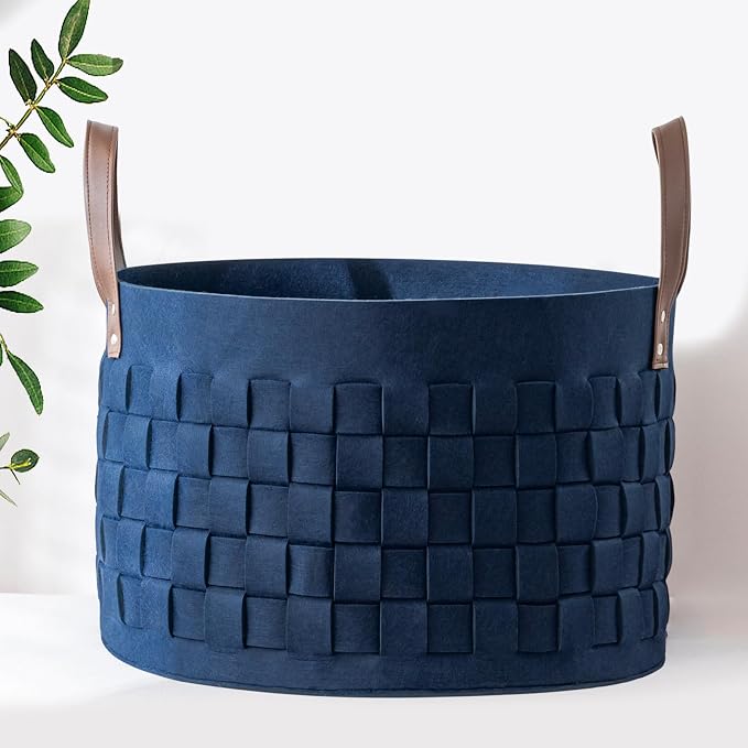 Laundry Basket 20" x20 " x11.8 ",Extra Large Round Blanket Basket with Leather Handle, Felt Storage Basket for Living Room, Nursery, Dog Toys-Navy Blue