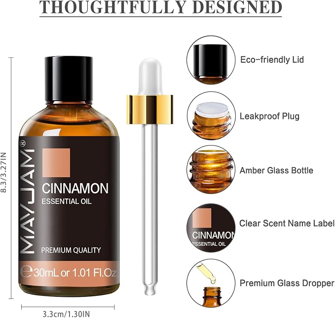 Cinnamon Essential Oil 30ml/1.01fl.oz, MAYJAM Premium Cinnamon Oils with Glass Dropper, Perfect for Diffusers Home Office Use