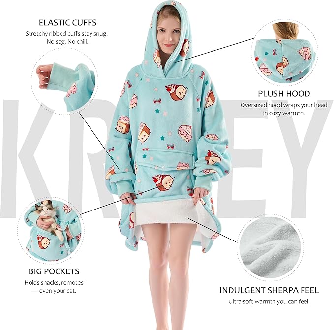 Krifey Wearable Blanket Hoodie, Oversized Sherpa Hooded as Birthday Gifts for Mom Women Girlfriend Men, Cozy Sweatshirt with Giant Pocket