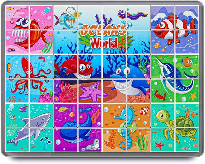 Anzikfoy 48 Piece Toy Building Jigsaw Puzzle Sets, 2 in 1 Ocean Theme Boys Girls Puzzles Building Block with Reusable Drawing Board Set for Toddlers Ages 1-3 and Kids 3+ Year Old