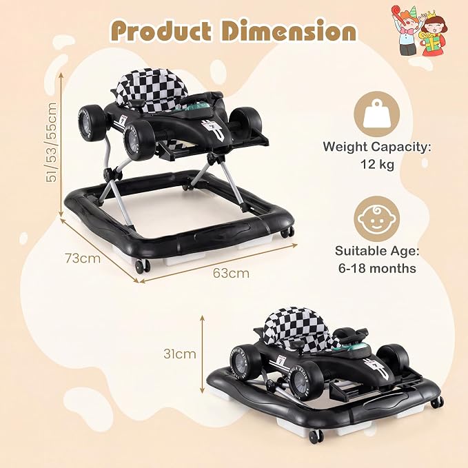 HONEY JOY Baby Walker, 4-in-1 Foldable Infant Activity Push Walker, Toddler Car Walker with Adjustable Heights, Music, Lights, Padded Seat, Baby Walker with Wheels for Boys Girls 6-18 Months (Black)