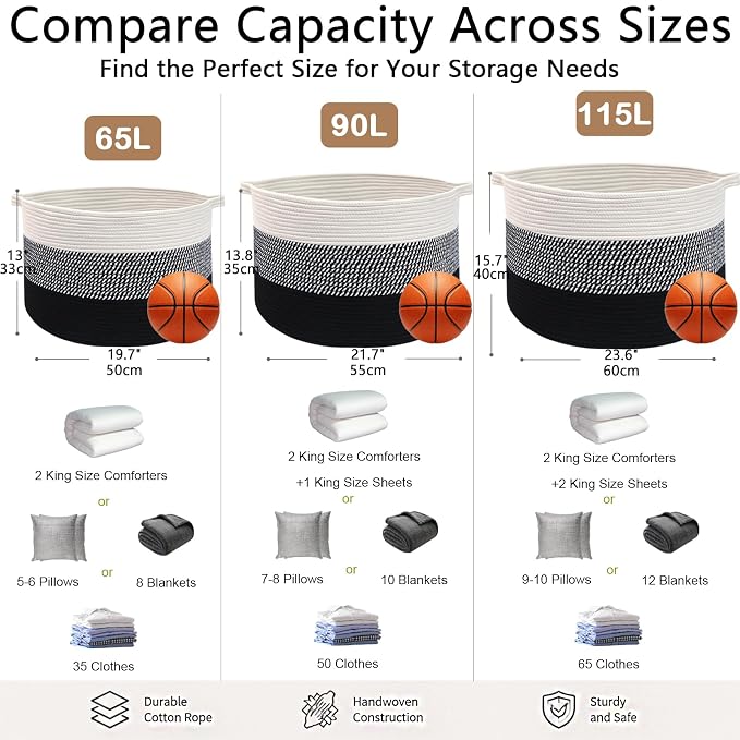 65L Large Blanket Basket,Woven Rope Laundry Basket-Mixed Black | Collapsible Nursery Storage Bin with Sturdy Handles, Organizes Clothes, Toys and Pillows for Living Room, Bedroom, Bathroom