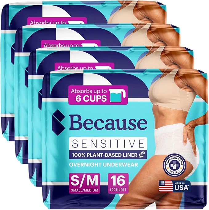 Because Adult Incontinence Underwear for Sensitive Skin - Women - Premium Overnight Disposable Briefs, Anti Odor - White, Small/Medium - Absorbs 6 Cups - 64 Count (4 Packs of 16)