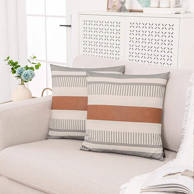 2 Pack 18x18 Inch Pillow Covers - Brown Faux Leather & Gray Stripe Print Soft Cotton Splicing, Same Pattern Both Sides | for Sofa Couch Bed Living Room, Farmhouse Industrial Minimalist Decor