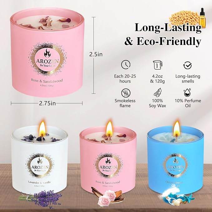 3 Pack Scented Candles Gift Set for Women – Lavender, Ocean, Rose Soy Candles with Crystals & Seashells, 70-Hour Total Burn Time, Aromatherapy Candle Set for Home Decor, Mother’s Day Birthday