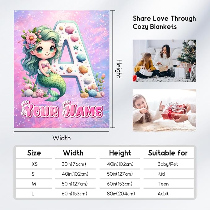 Personalized Blanket for Girls - Mermaid Blankets for Kids Ages 4 5 6 7 8 9-50"x60" Custom Throw with Name Monogrammed Gifts - Flannel Throws Initial Room Decor