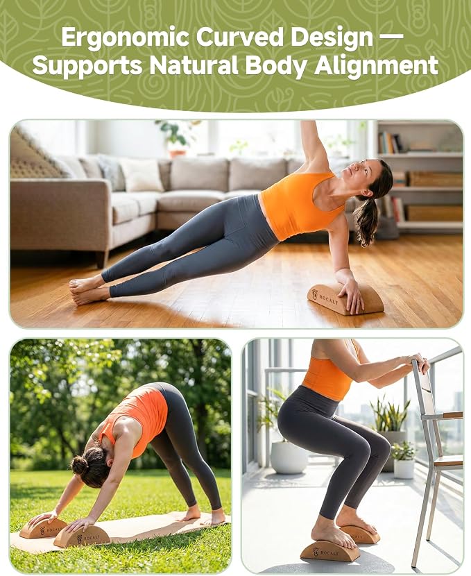 Rocalt Cork Yoga Blocks, Half Moon Foot and Calf Stretching Tool | high-density cork, curved ergonomic shape, 9.4 x 3.3 x 3.9 in, for arches, ankles, Pilates and travel