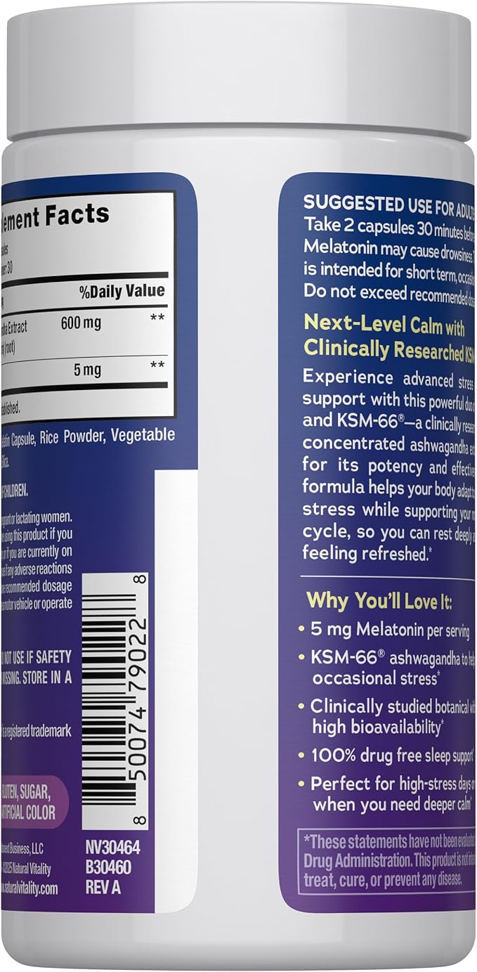 Natural Vitality Calm Sleep Melatonin and Ashwaganda KSM-66 Capsules | 100% Drug Free | 60 Count