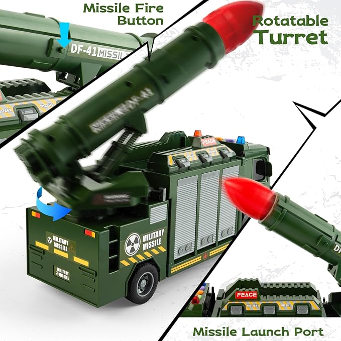 7 in 1 Military Truck Toys, with Rocket Launcher, 6 Mini Battle Vehicle Toy, Army Carrier Truck with Lights and Sounds, Green Toys Trucks Gifts for Toddler Kids Boys Girls Ages 4 5 6 7 8