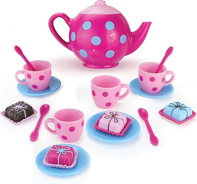 Sophia's Sprinkled Cupcakes, Colorful Petit Four Cakes, Napkins, Polka Dot Tea Pot and Settings for Four 18 Inch Dolls, Pink
