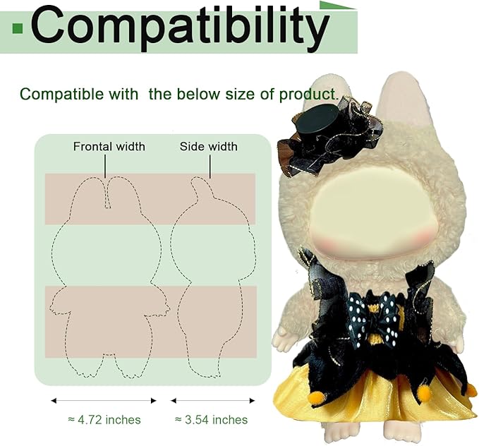 Dress for labubu Dolls (15cm & 17cm Monster Keychain-Macaron/Have a seat/Energy). Clothes Accessories for popmart 6.7" Blind Box. Dress Set for labubu Outfits. (Black-Orange Princess Dress)