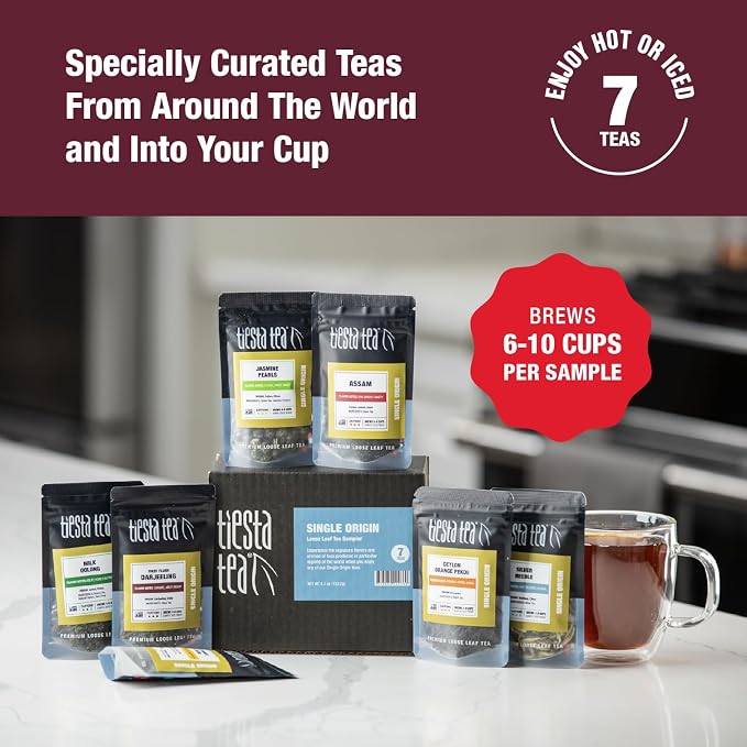 Tiesta Tea - Single Origin Tea Sampler Dry Flight Set, Loose Leaf, High to Low Caffeine, Makes Hot & Iced, Assorted Brew Sets with Green, White, Black & Oolong, 7 Resealable Sample Pouches