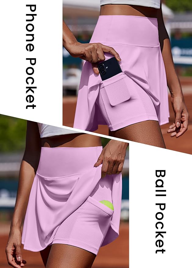 PINSPARK Womens Tennis Skirt Pleated Athletic Golf Skorts with Pockets | 3.5" High Waisted, Mesh Built-in Shorts, Mini Skirt, Buttery-Soft, Quick-dry, for Tennis, Golf, Pickleball, Casual