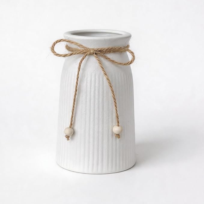 Rustic 6-Inch Ceramic Vase with Jute Rope & Wood Ball Charm for Home Décor, White Flower Vase for Table Centerpieces and Gifts, Ideal for Living Room, Bedroom