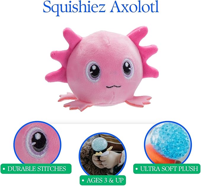 The Petting Zoo Axolotl Stuffed Animal Plushie, Gifts for Kids, Squishiez Sealife Animal Squeeze Toy, Pink Salamander Plush Toy, 3 inches