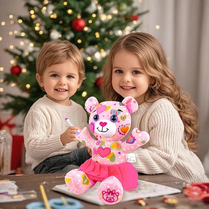 Stuffed Animal Coloring Plush Toy with 20 Washable Markers Laser Holographic Backpack Road Trip Car Game Writing Painting Set for Girls Doodle Dolls Kids Ages 3-6 Birthday(Pink Bear)