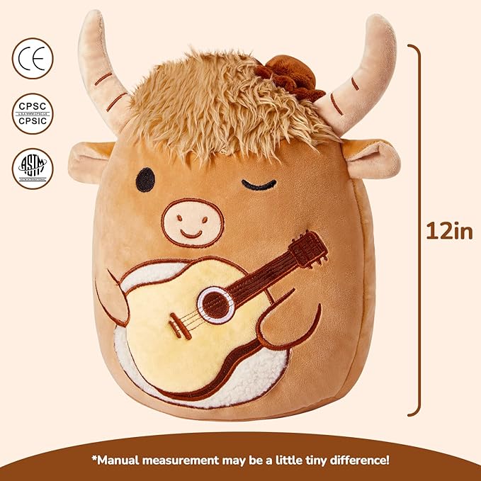 Glow Guards 12'' Highland Cow Plush Pillow Cute Highland Cow Stuffed Animal Holding Guitar Soft Plush Toy Birthday Gift for Boys Girls Kids