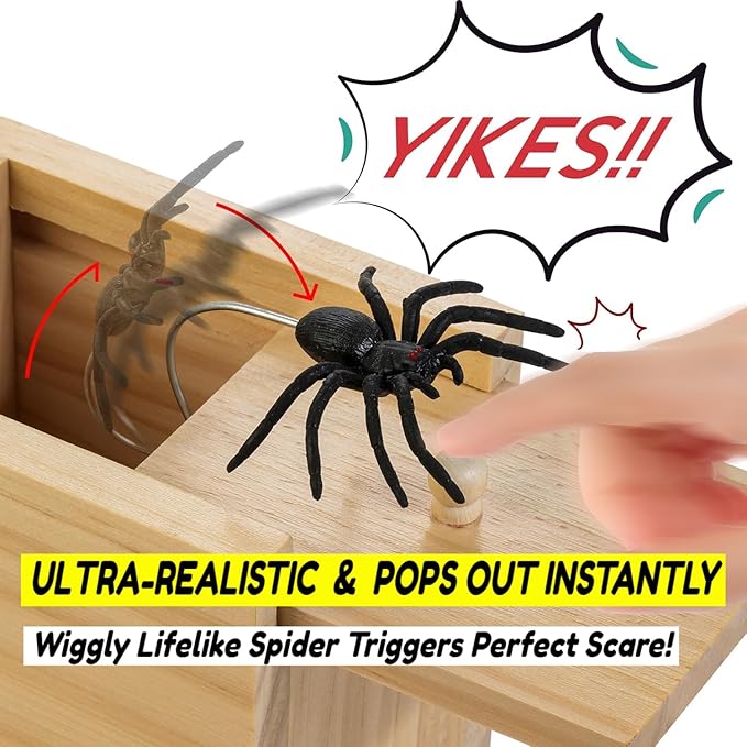 Large Spider Prank Box Gag Gift for Adults and Kids, Funny Wooden Box Spider Prank Toy, Halloween, Christmas, Birthday, or Anniversary Surprise Gift for Card Ring Chain Money, Practical Joke Toy