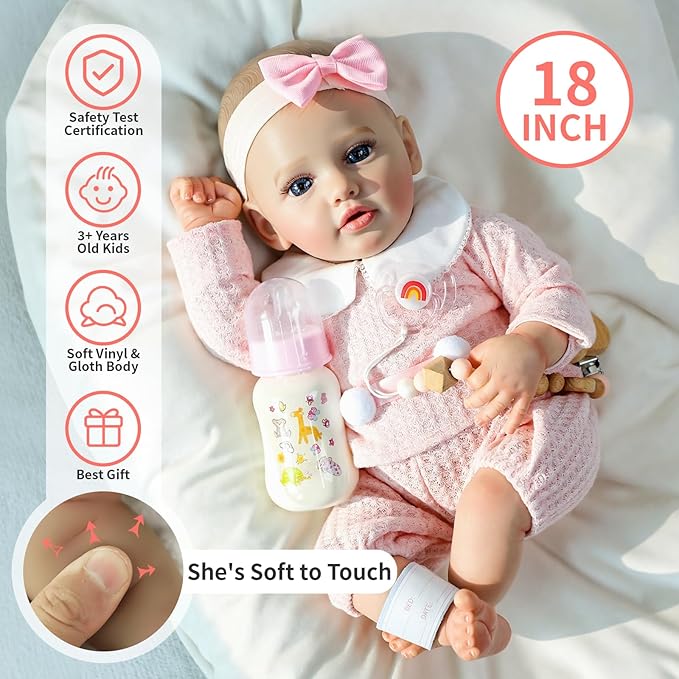SCOM Reborn Baby Doll Pink Bettie, 18-Inch Lifelike Newborn Girl w/Birth Certificate, Magnetic Pacifier & Bottle, Soft-Touch Vinyl, Pink Outfit – Gift & Collector Doll, Ages 3+