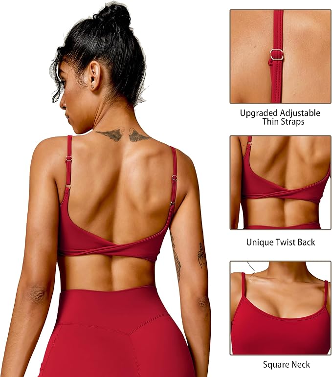 QUOJIZY Sports Bras for Women Open Back Workout Tops for Women Yoga Bra Spaghetti Straps Twist Back