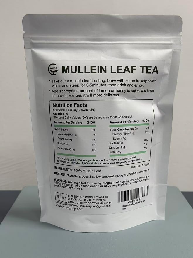 Mullein Leaf Tea Bags - Lungs Cleanse and Respiratory Support, Herbal Teas, Caffeine Free, 30 Tea Bags