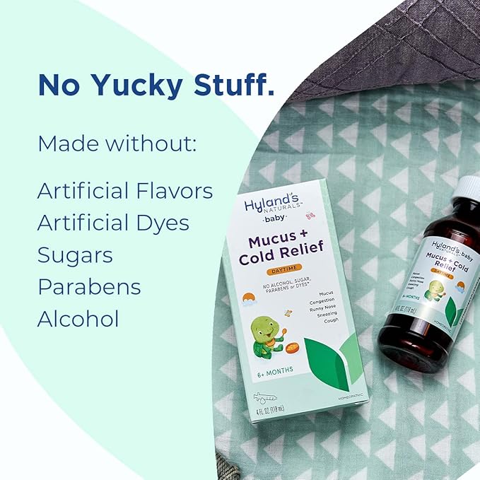 Hyland's Naturals Baby Mucus and Cold Relief, Daytime Baby Cold Medicine, Infant Cold and Cough Remedy, Decongestant, 4 Fluid Ounce (Pack of 2)