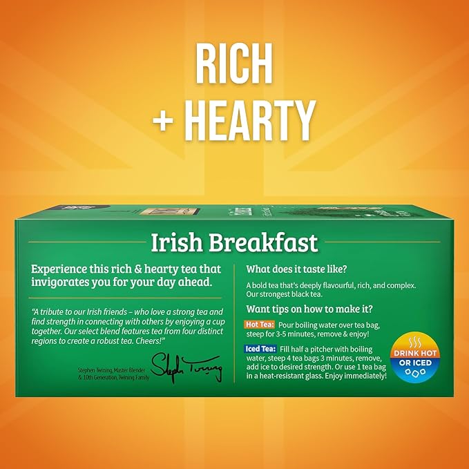 Twinings Irish Breakfast Black Tea Individually Wrapped Bags, 100 Count (Pack of 1), Flavourful, Bold, and Robust, Caffeinated, Enjoy Hot or Iced, 100 Teabags