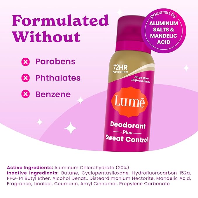 Lume Deodorant Plus Sweat Control - Invisible Spray - Extra Strength Antiperspirant For Underarms - 72 Hour Odor And Sweat Control - Phthalate and Paraben Free Formula - 2 Pack (Vanilla Bliss)