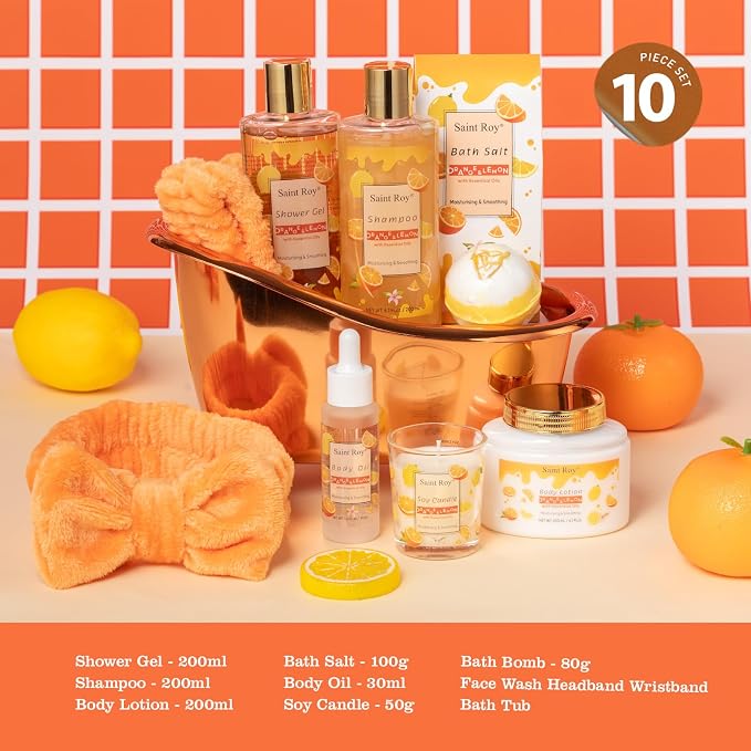 Orange spa gift set Great Gift, Spa Gifts for girls, Bath & Body care Set | Lemon Gift Baskets for Woman, 11pcs Bath Gift Set for Women, Birthday Gift Christmas Gifts for Women Citrus Spa Gift Basket