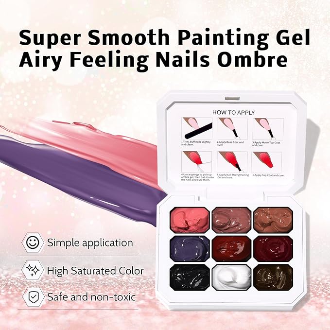 Sponge Pat Paint Nail Gel, 9 Colors Ombre Nails Gradient Gel Nail Blush Blooming Aura Nails Drawing Stripper Floral Painting Nail Art, No Wipe, UV/LED Curing (9 Colors H)