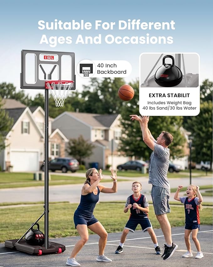 IGL Portable Basketball Hoop, 5.6-10FT Adjustable Basketball Goal System, 40/44 Inch Outdoor Basketball Hoop & Goals for Kids, Youth, and Adults in The Backyard, Driveway with PC Backboard