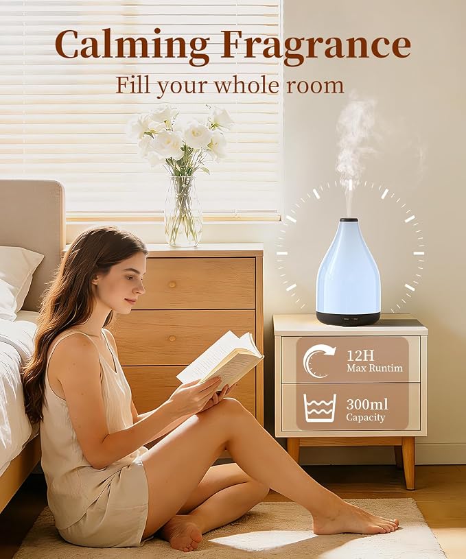 Modern Oil Diffuser for Essential Oils, Large Capacity 300ml Aroma Diffusers for Home Office Living Room, Ultrasonic Cool Mist 12H Fragrance, Meditation, Yoga, 1-3-6 Hours Timer Off, Black