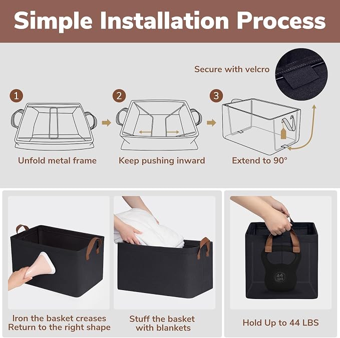 CHICVITA 20L Fabric Storage Bins with Handles, Metal Frame, 2-Pack, Black | 14 ¾" L x 10 ¼" W x 8 ¼" H, Clothes, Towels, Toys & Books Storage, Living Room, Bedroom & Entryway Organization