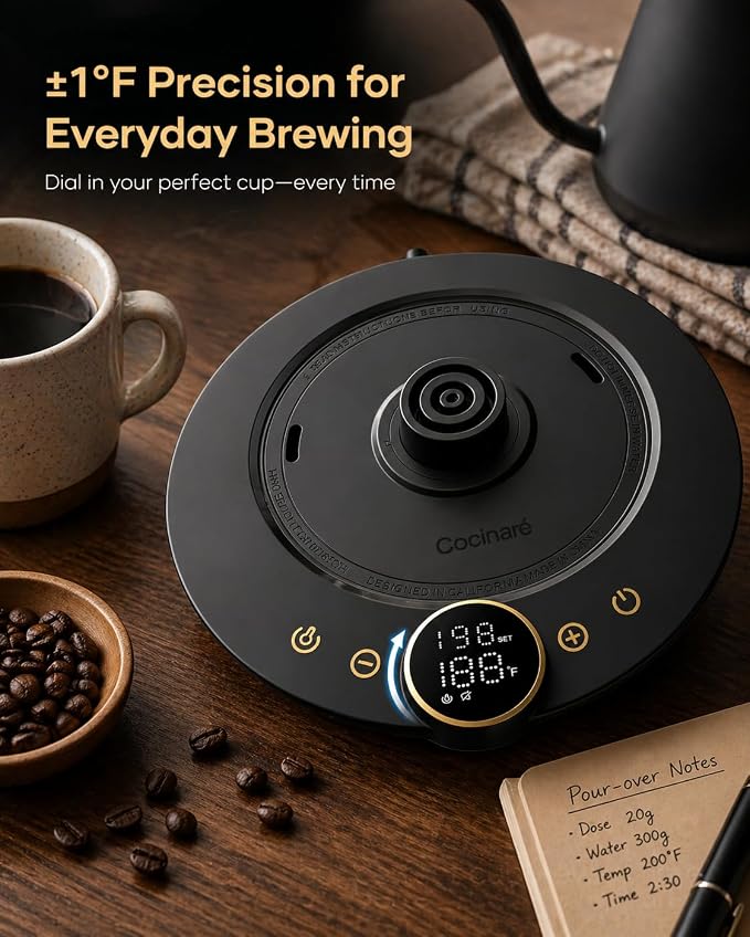 Cocinare Gooseneck Electric Kettle, ±1°F Precise Temperature Control, 1500W Fast Heating, Pour Over Coffee & Tea Kettle with Brew Timer & Keep Warm, Stainless Steel, 0.9L (Matte Black)