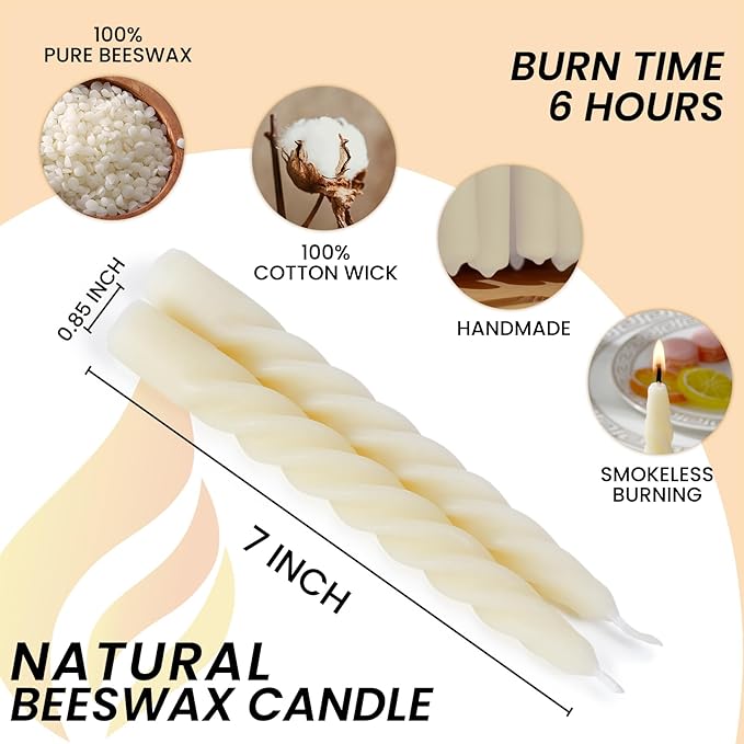 2PCS 7-Inch Pure Beeswax Spiral Taper Candles, Twisted Stick Candles, Dripless & Unscented for Weddings, Christmas, Dinner, Meditation - White