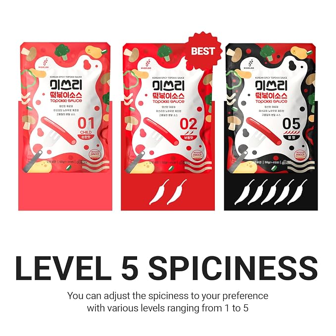 MISSLEE Tteokbokki Sauce Mix (5 Pack, 2 Servings Each), Level 2 Original, Korean Powder Sauce for Rice Cakes, Stir-Fries, and More (1.76 oz(pack of 5), Hot)