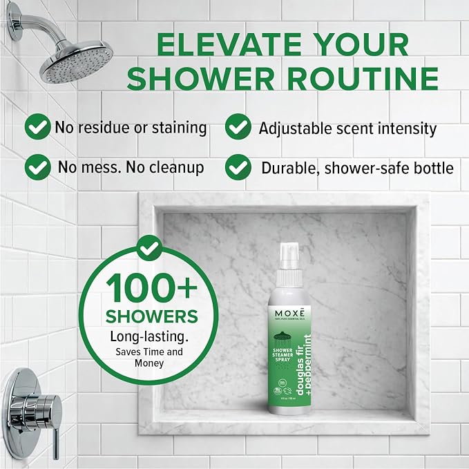MOXE Aromatherapy Shower Spray - Douglas Fir & Peppermint, 100% Essential Oils, Made in USA, Aromatherapy, Sinus Congestion Relief, Respiratory Support, 4 Oz (1 Pack)