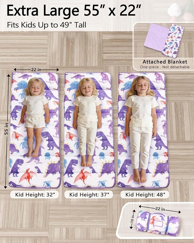 Primlect Thickened Toddler Nap Mat with Removable Pillow and Minky Blanket, Extra Large 55''x35'' Sleeping Bag, Washable, Roll up, Perfect for Daycare, Preschool, Kindergarten, Boys and Girls Dinosaur