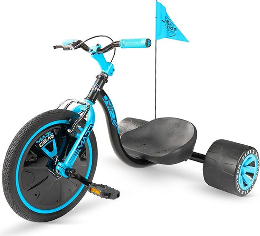 Drift Trike for Kids Ages 5+ – 16" Front Wheel Ride-On with Adjustable Seat, Steel Frame, Rear Slick Drift Wheels & Safety Flag – Madd Gear - (Black Blue)