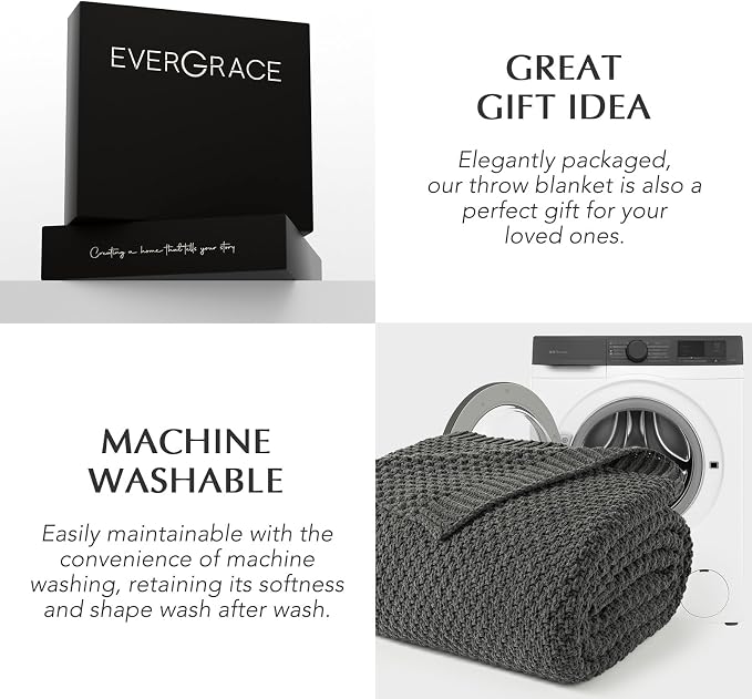 EVERGRACEHOME Chunky Chenille Knit Throw Blanket, 90 x 90, Charcoal Gray | Sculpted Moss Stitch, Chic Modern Farmhouse, All-Season Warmth, OEKO-TEX® Certified, Oversized Queen for Couch, Bed, Sofa