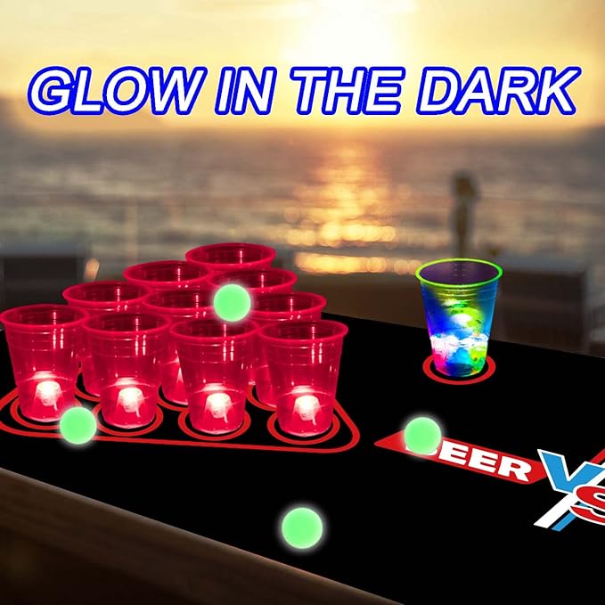 Glowing Beer Pong Table Mat for Drinking Game Light Up Plastic Cups and Pongs Beer Pong Set for Party Game Indoor Outdoor Pong Game, Party Supplies Decor 71 * 23inch