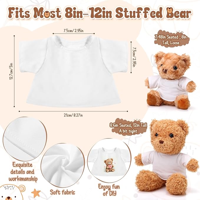 12 PCS Stuffed Bear Clothes Shirt Stuffed Animal Clothes Plush Doll Tshirts Classic Plush Bear Shirts Fit 8-12 Inches Stuffed Bear Dolls