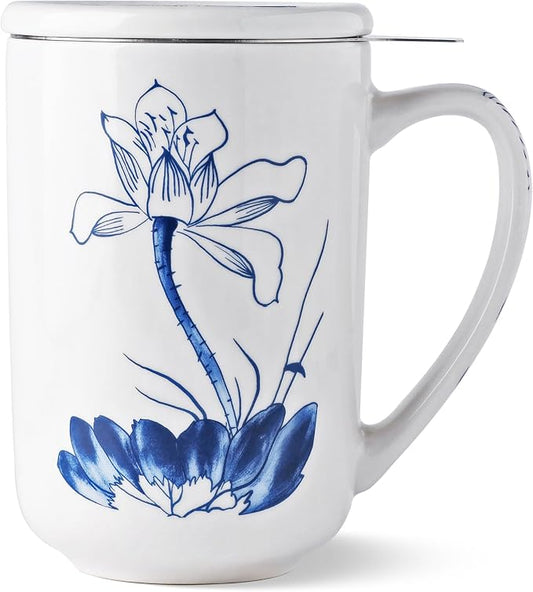 AmorArc Porcelain Tea Mug with Infuser and Lids, 18 Oz Large Cup Strainer with Bag Holder for Loose Leaf Tea, Steeping Coffee Mug for House-warming Wedding Birthday Gift